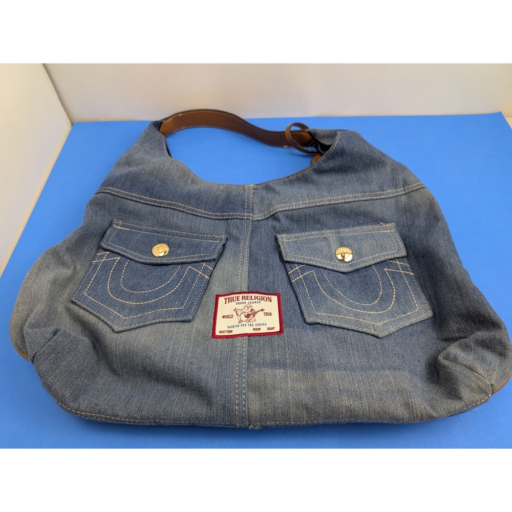 True Religion Horseshoe Shoulder Hobo Tote Denim Purse Handbag Blue Women